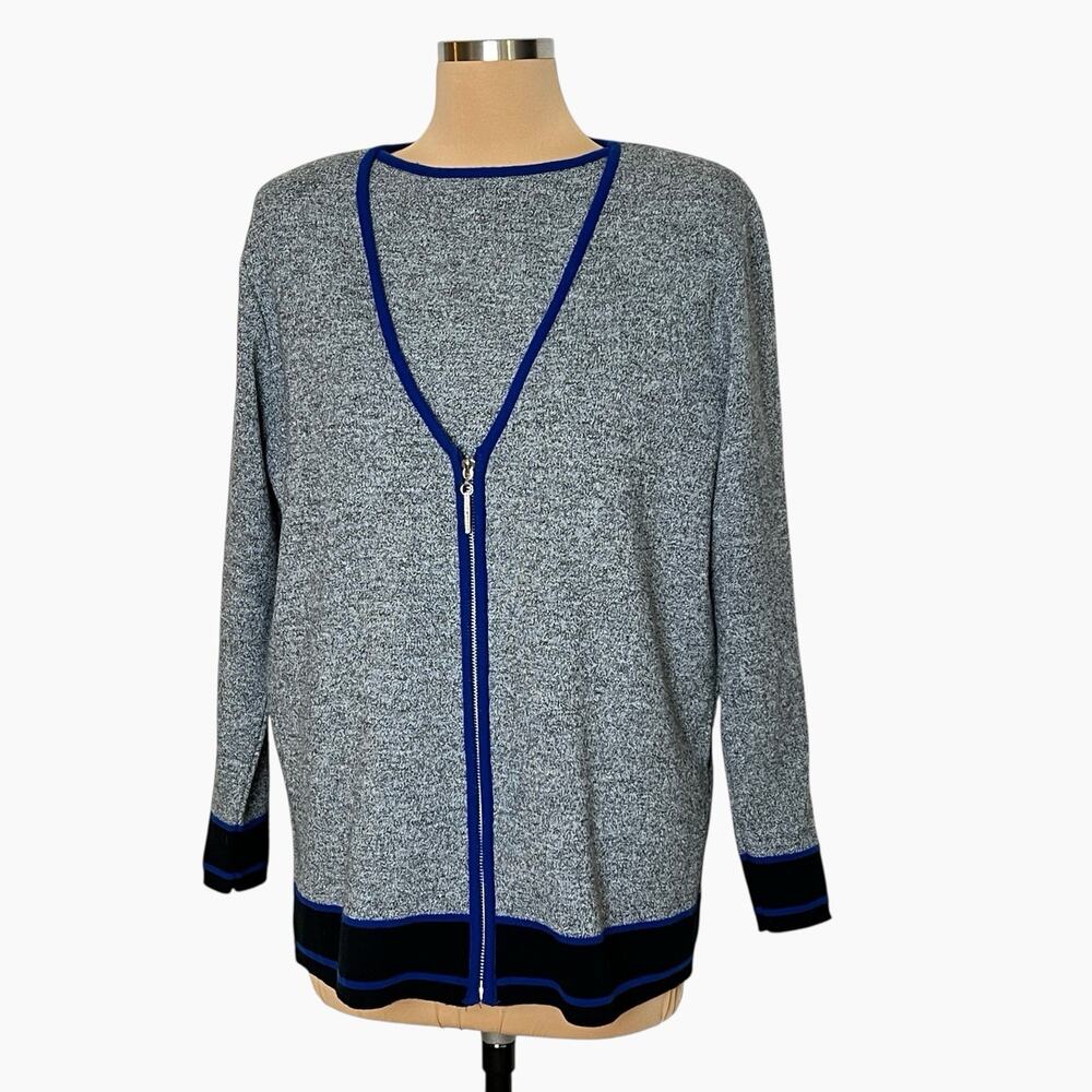 Karen Lessly Sweater Set Womens Large Zip Cardigan Sleeveless Top Gray Blue Trim